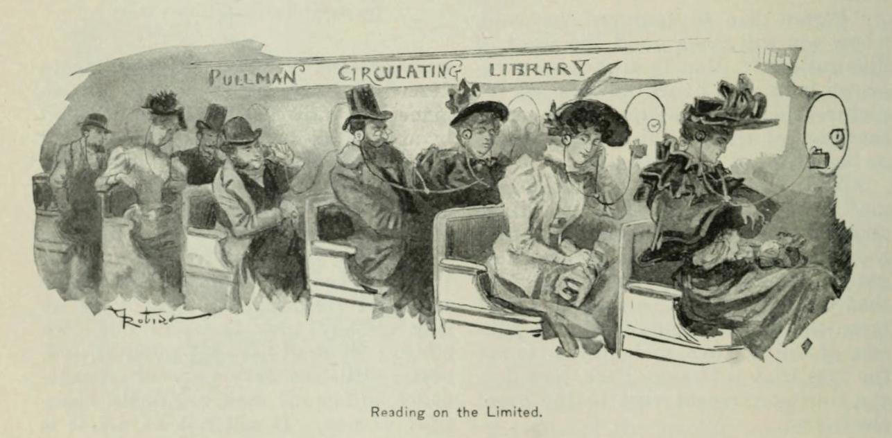 Reading on the Limited An old illustration of people sitting on a train with headphones. On the wall, there is text reading "Pullman Circulating Library" and underneath the illustration there is text that says "Reading on the Limited".