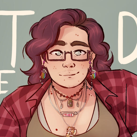 Doodles An illustration of a person against a grey background. Ey have light skin, and is wearing a checkered red jacket. It is wearing rainbow earrings, and has brown wavy hair.