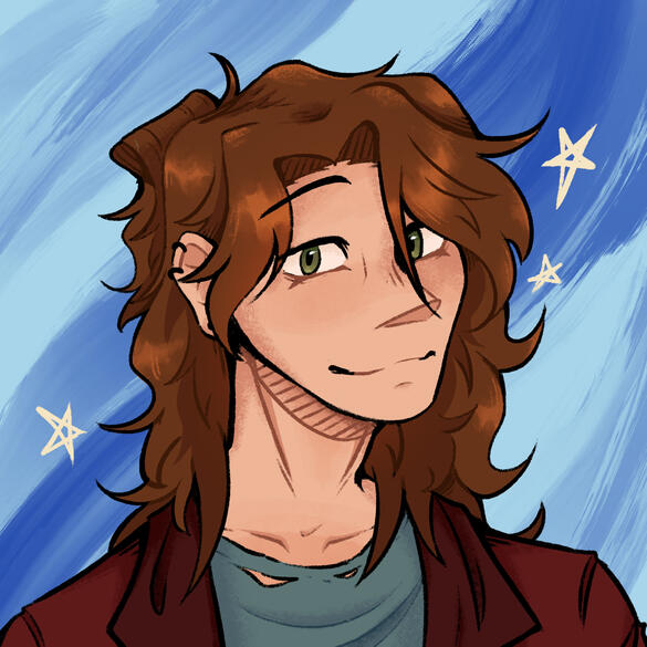 Rawlyx An illustration of a person against a blue background. They have long brown hair with a short ponytail, white skin, greenish eyes, and is wearing a red-brown jacket with a blue shirt. There are a few white stars around them.