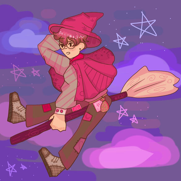 A drawing of a person with light brown skin and pink and brown hair. He is wearing a pink witch outfit and is riding a broom. There are patches in pink shades on their long pants, and they are wearing sneakers. In the background there is a purple sky with