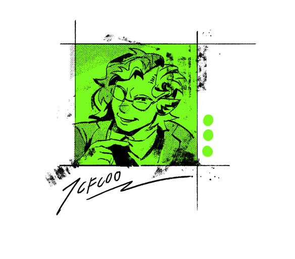 7cfc00 An illustration tinted entirely with green of a person with short side-parted hair, who is wearing glasses and looks confident. They are wearing a jacket. The illustration is signed 7cfc00.