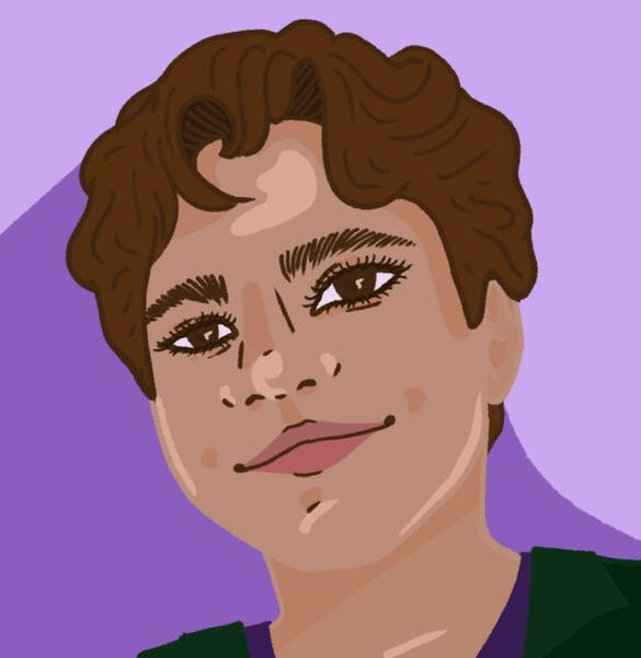 An illustration of a person with light brown skin, short brown hair, wearing a green shirt. They are smiling.