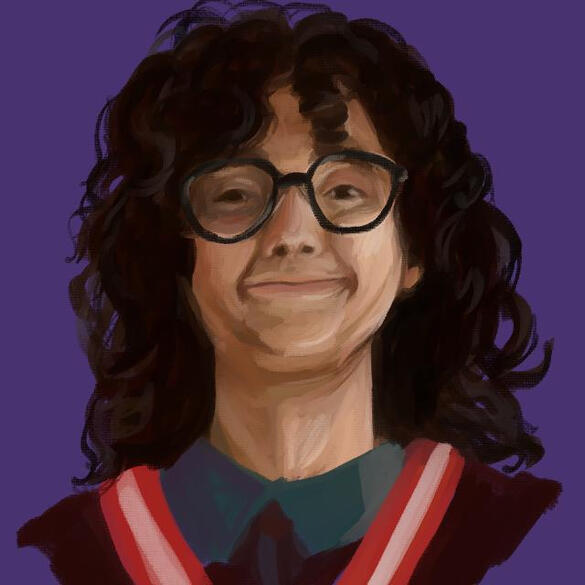 An illustration of a person with light brown skin and shoulder-length dark curly hair. They are wearing round black glasses and is smiling.