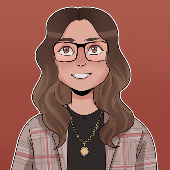 An illustration of a person with light skin and long wavy hair. She wears glasses, a black shirt, and a checkered shirt on top. She is smiling.