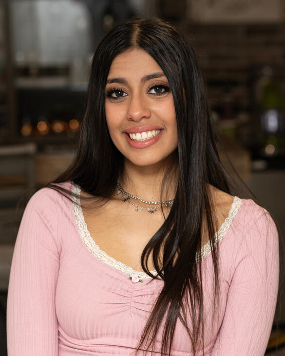 Alyssa Roldan A photo of a person with light brown skin and long dark brown hair. She is wearing a pink shirt and is smiling.